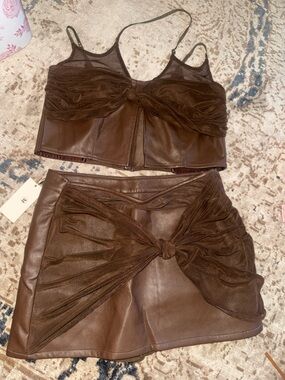 Brown Leather-Look Knot Front Mini Skirt - Brand: